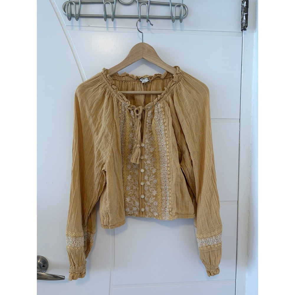 American Eagle Blouse Womens L Yellow Embroidered Boho Peasant Cropped Blouse